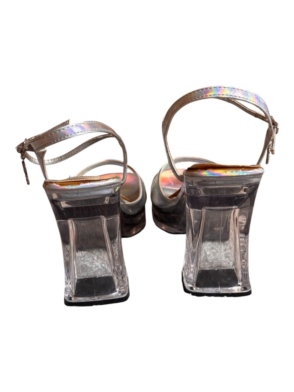 Vintage Y2K lei Holographic Silver Open-Toe Slingback Heels - Picture 3 of 4